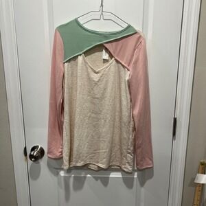 BiB! Color Block Cut Out V Neck Long Sleeve Top Oatmeal Pink Mint M